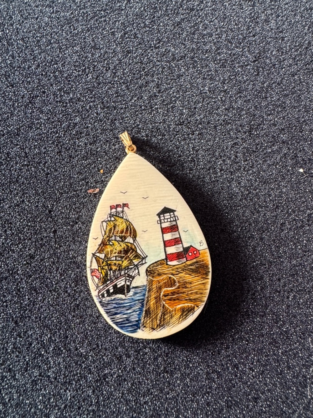 Hand-Painted Nautical Teardrop Pendant - Lighthouse & Ship